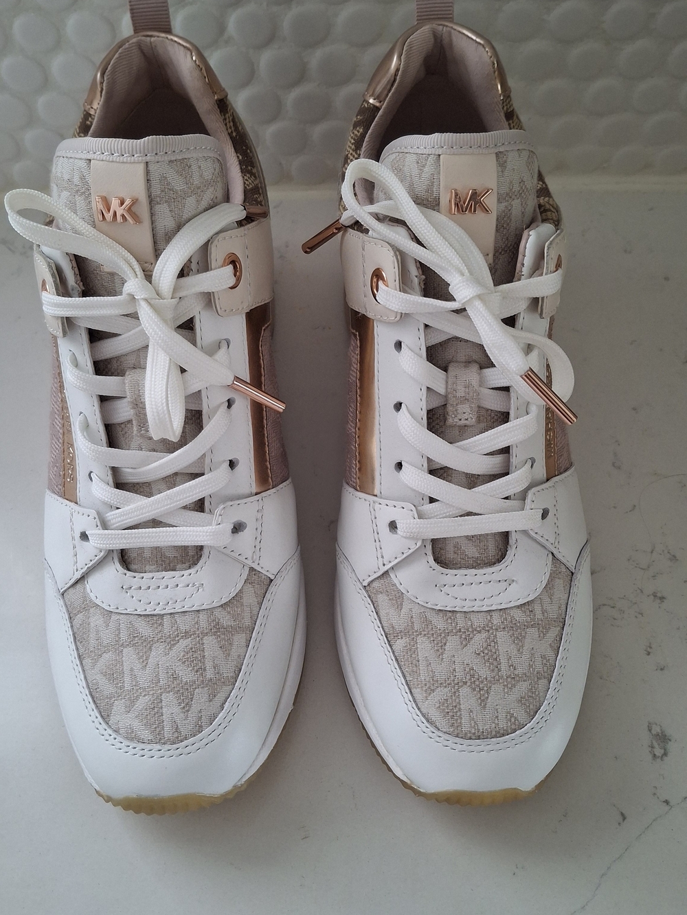Michael Kors Georgie Trainer Wedge Sneakers Monogram Rose Gold Size 6